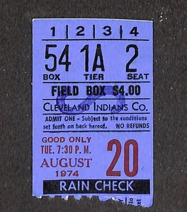20. AUGUST 1974 KANSAS CITY ROYALS @ CLEVELAND INDIANS TICKET STUB, SITZPLATZ 2 - Bild 1 von 2