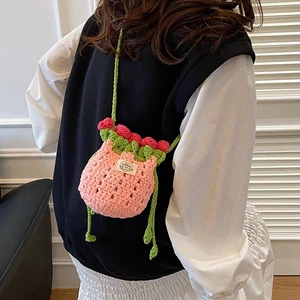 Bolso Bandolera de Viaje Tejido Ramo Rosa Cuerda Algodón Tejido Crochet - Imagen 1 de 15