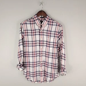 J Crew Linen Shirt Mens Small Red White Blue Plaid Long Sleeve Resort Casual NEW - Picture 1 of 10