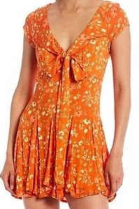 Free People Cute Tea Dress- Orange With Flower Print Size Pre Loved - Picture 1 of 8