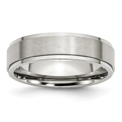 Stainless Steel Ridged Edge 6mm Brushed and Polished Band Ring - Image 1 of 4