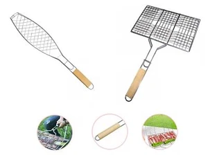 BBQ Long Handle Meat Burger Fish Mesh Food Grill Basket Barbecue Rack UK - Picture 1 of 6