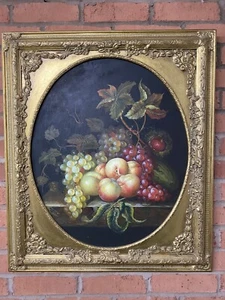 Antique Dutch Style Still Life Fruit, Peaches & Grapes In Gold Frame - Picture 1 of 12