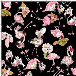 Loralie FLAMINGO Tossed Black Quilt Fabric Sold by 1/2 Yard #692-329 - Picture 1 of 1