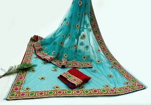 Indian Heavy Sari Blue Net/Mesh Hand Embroidered Abu Jani Designer Sarees 5yards - Picture 1 of 23