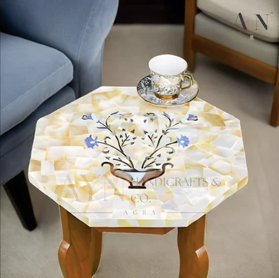 Mother of pearl 12" in coffee Table corner table hexagonal shape floral design - Image 1 of 4