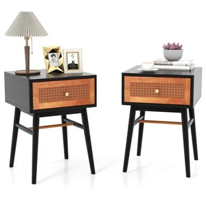 2PCS Nightstand Bedside End Table w/Solid Wood Legs & Storage Drawer Black - Picture 1 of 8