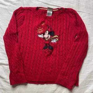 Vintage Disney Minnie Mouse Red Cable Knit Sweater Large Youth Kids Embroidered - Picture 1 of 6