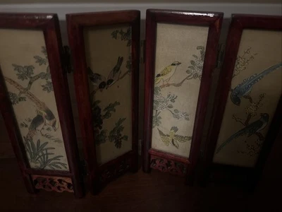 MINI Vintage Chinese 4 Panel Screen Hand Painted Silk Lacquer Birds Flowers - Image 1 of 4