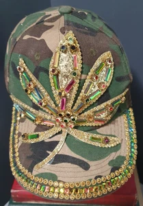 Bling Baseball Cap Jewels Camo Adjustable Leaves Gold Iridescent Sparkle - Picture 1 of 14