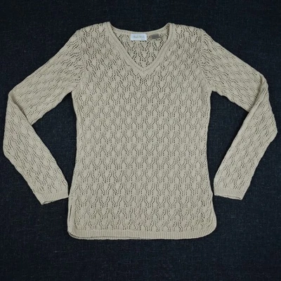 Vintage khaki beige crochet knit sweater top size small petite coastal cottage - Image 1 of 4