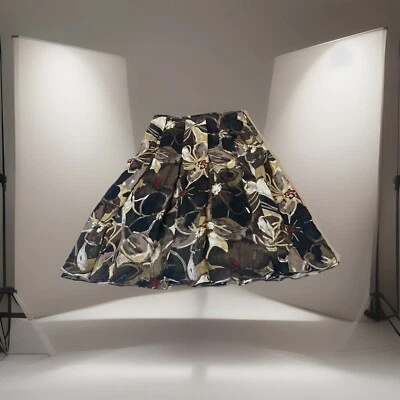 Falda Ellen Tracy Negra Tostada Roja Blanca Floral Seda Plisada Forrada, Talla 4, Precio de venta sugerido por el fabricante $348 Foto 1 de 4