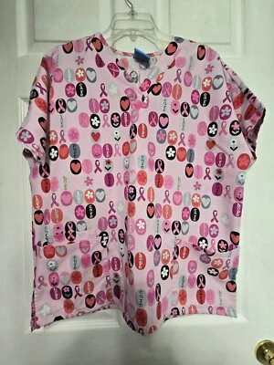 Scrub HQ SCRUB TOP Size L-Pink/Black Hearts/CA Ribbon-Chest 23.5"/L 27" - Image 1 of 4