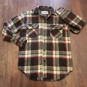 Vintage Grizzly Flannel Wool Blend Shirt Brown Tan Red Small Oversized Shacket - Picture 1 of 5