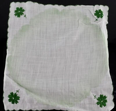 Handkerchief Green Embroidered Flowers Scalloped Edges on White Cotton Hanky 10" - Image 1 of 4