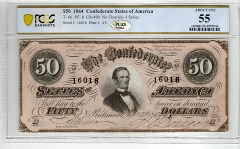 T-66 PF-8 1864 $50 Confederate Paper Money - PCGS-B About Uncirculated 55 - PLUS Cover