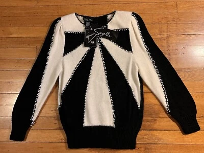Suéter Vintage Suzelle Estampado Lazo Grande Para Mujer Mediano Negro Blanco Cuentas Años 80 Foto 1 de 4