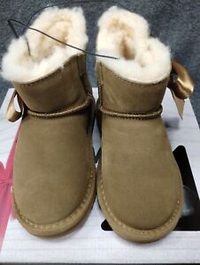 NEW Pawz by Bearpaw Amelia Kids Faux Fur Lined Suede Ankle Bow, Hickory, 11