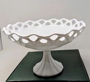 Vintage Milk Glass Fruit Bowl Compote Pedestal Reticulated lace edge 12"R X 7"H - Picture 1 of 7