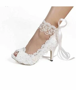 Satin Ivory White bride woman wedding shoes high heels peep  - Picture 1 of 2