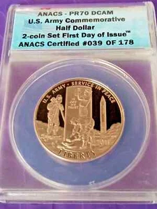 2011 S US ARMY HALF DOLLAR ANACS PF70 DCAM First Day of Issue 50 c - Picture 1 of 2