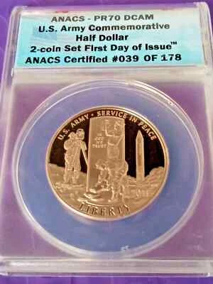 2011 S US ARMY HALF DOLLAR ANACS PF70 DCAM First Day of Issue 50 c - Image 1 of 2