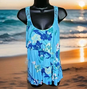 Candies Jr/Missy Med Tanktop Lagenlook blau Blumen vorne gehäkelt Racerback gebraucht, in einwandfreiem Zustand - Bild 1 von 8