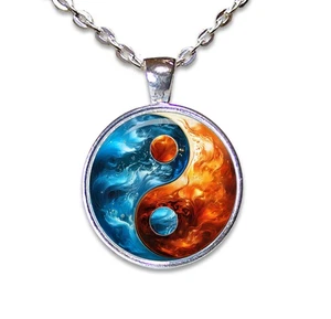 Yin Yang Símbolo Fuego Agua Diseño Celestial - Collar Colgante Vidrio REDONDO - Imagen 1 de 10