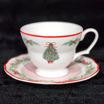 PINKMAS Pink Bows Christmas Tree Teacup and Saucer Set Porcelain Holly 222 Fifth - Image 1 of 4