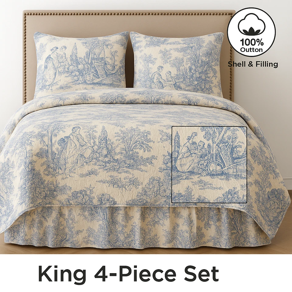 Juego de edredón King Toile 100 % algodón 4 piezas colcha con 2 fundas + 1 falda de cama Foto 1 de 1