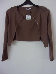 New Bershka Jersey Top And Cardigan Twinset In Camel Brown Size XS 1759/714/730 - Picture 1 of 8
