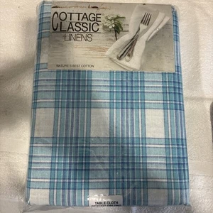 NWT COTTAGE CLASSIC LINENS Blue Plaid Table Cloth Oblong 60" x 102" - Picture 1 of 3