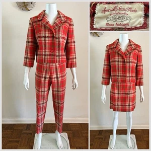 1960s Red Plaid Wool 3-Pc Set Jacket Skirt Pants Handmade Mod Suit Size Zip VTG - Picture 1 of 24