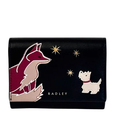 RADLEY Purse Black Leather Medium Flapover Coin Card Wallet Fleeting Fox - New