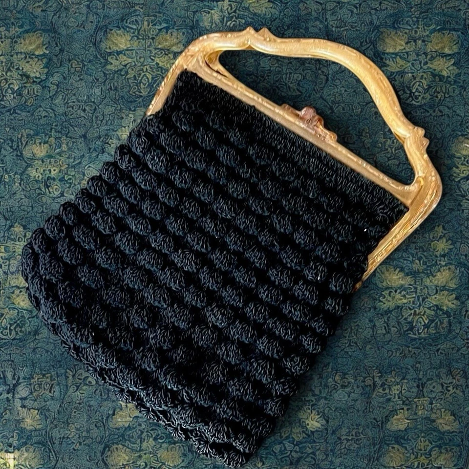 Art Deco Black Crochet Purse Celluloid Frame 1920s Evening Flapper Bag - Image 1 of 4