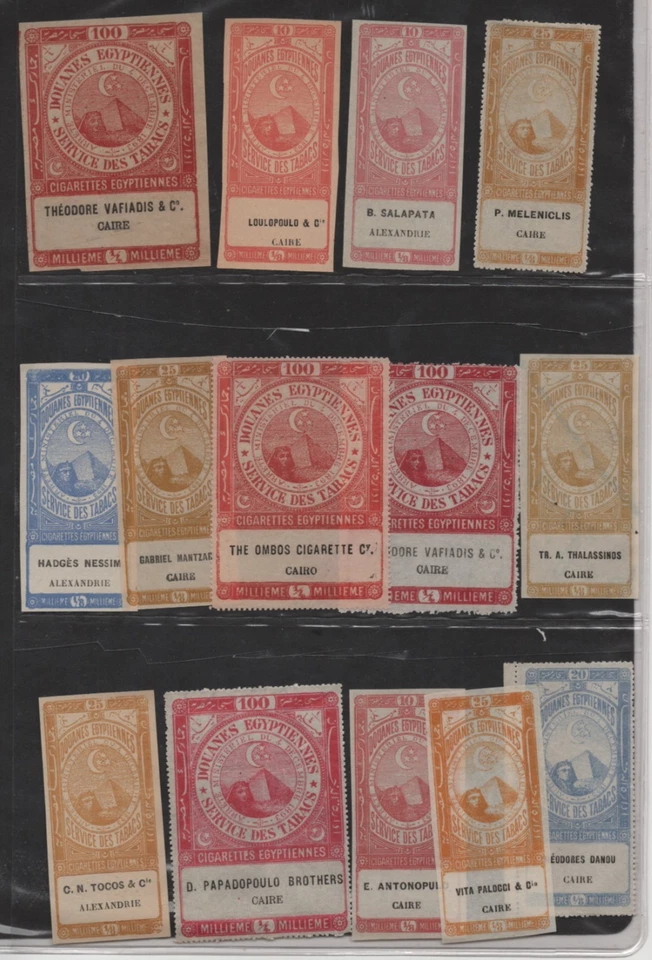 EGYPT GREECE 1890-1920 PYRAMID & SPHINX COLLECTION OF 14 CIGARETTE REVENUES - Image 1 of 1