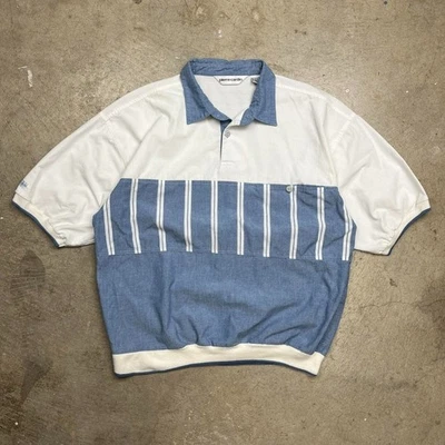 Vintage 80s Pierre Cardin polo shirt large blue white stripe - Image 1 of 4