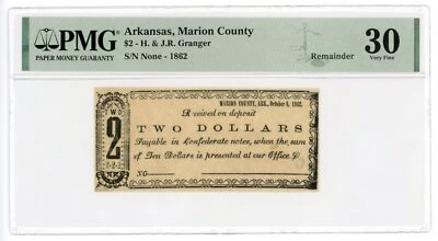 1862 $2 H. & J.R. Granger - Marion County, ARKANSAS Merchant Scrip PMG VF 30 - Image 1 of 2