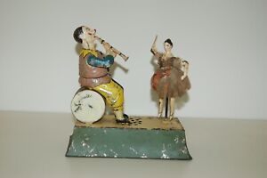 Antique Gunthermann Clown and Ballerina Tin Toy, Germany circa 1890, very good.