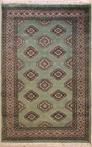 Rugstc 3x5 Bokhara Jaldar Green Area Rug, Hand-Knotted,Geometric with Wool Pile - Picture 1 of 5