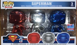 Funko POP! DC Superman Chrome 3 Pack 2018 Comic Con NYCC Red Silver Blue Gift - Picture 1 of 10
