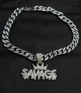 ICY 21 SAVAGE WORD PENDANT CUBAN LINK CHAIN NECKLACE SILVER HIP HOP 18.11" - Picture 1 of 6
