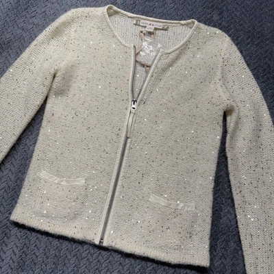 Chelsea & Violet XS Sequin Knit Zip Cardigan Ivory Wool Blend Sparkle Party - Image 1 of 4