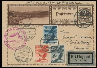 1929, AUSTRIA ZEPPELIN MEDITERRANEAN SEA FLIGHT POSTCARD TO SWEDEN, SI. #24A - Image 1 of 2