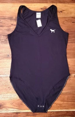 Victoria's Secret PINK Black V Neck Bodysuit Tank Dog Logo Sz L NWT - Image 1 of 4
