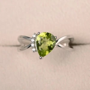 2.10 Ct Real Natural Peridot & Diamond Anniversary Ring 14K Solid White Gold - Picture 1 of 6