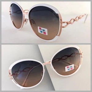 CLASSY RETRO Round Style SUN GLASSES White Frame Gradient Lens ROSE GOLD TEMPLES - Picture 1 of 6
