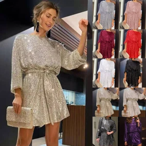 UK Sexy Womens Sequins Glitter Mini Dress Christmas Party XMAS Dresses SIZE 6-18 - Picture 1 of 25