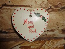 Vintage Christmas Tree Ornament Wood Wooden Heart Mom and Dad is Love