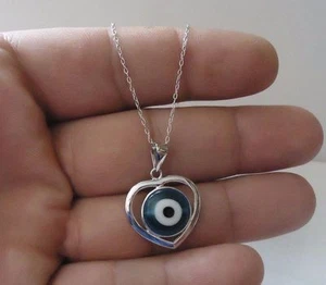 925 STERLING SILVER OPEN HEART EVIL EYE NECKLACE PENDANT W/ 12MM GLASS EYE/ 18'' - Picture 1 of 8